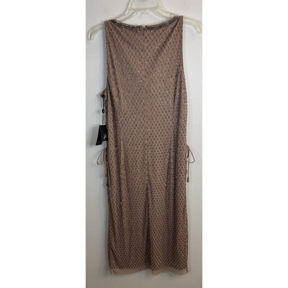 ADRIANNA PAPELL Rose Gold Beaded Formal Dress 16 Adorned Sides Midi Mesh Gown - Picture 3 of 16